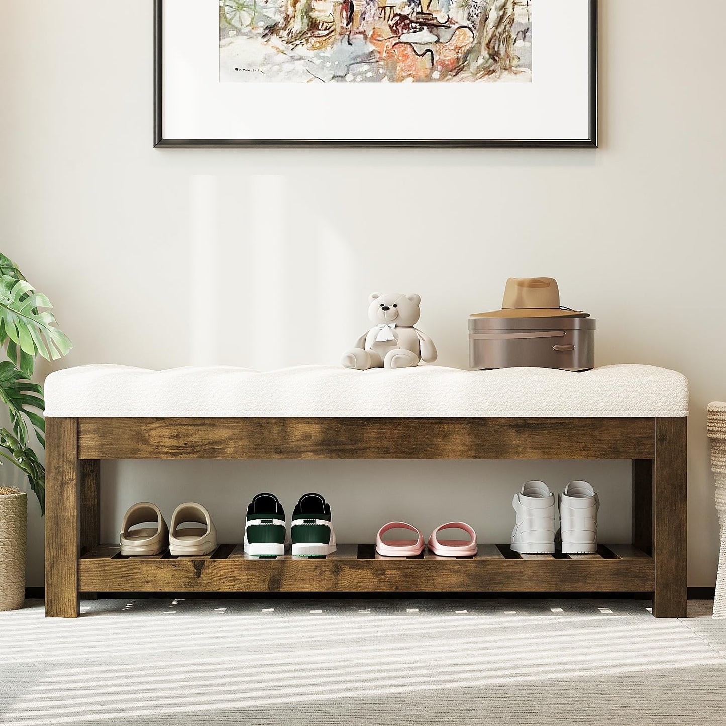 Welfuturer Large Upholstered Ottoman Bench Entryway Storage Benches Tufted Linen Ottoman Bench with Wood Shelf Padded End of Bed Bench for Bedroom Living Room Hallway Decor