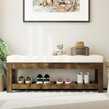 Welfuturer Large Upholstered Ottoman Bench Entryway Storage Benches Tufted Linen Ottoman Bench with Wood Shelf Padded End of Bed Bench for Bedroom Living Room Hallway Decor