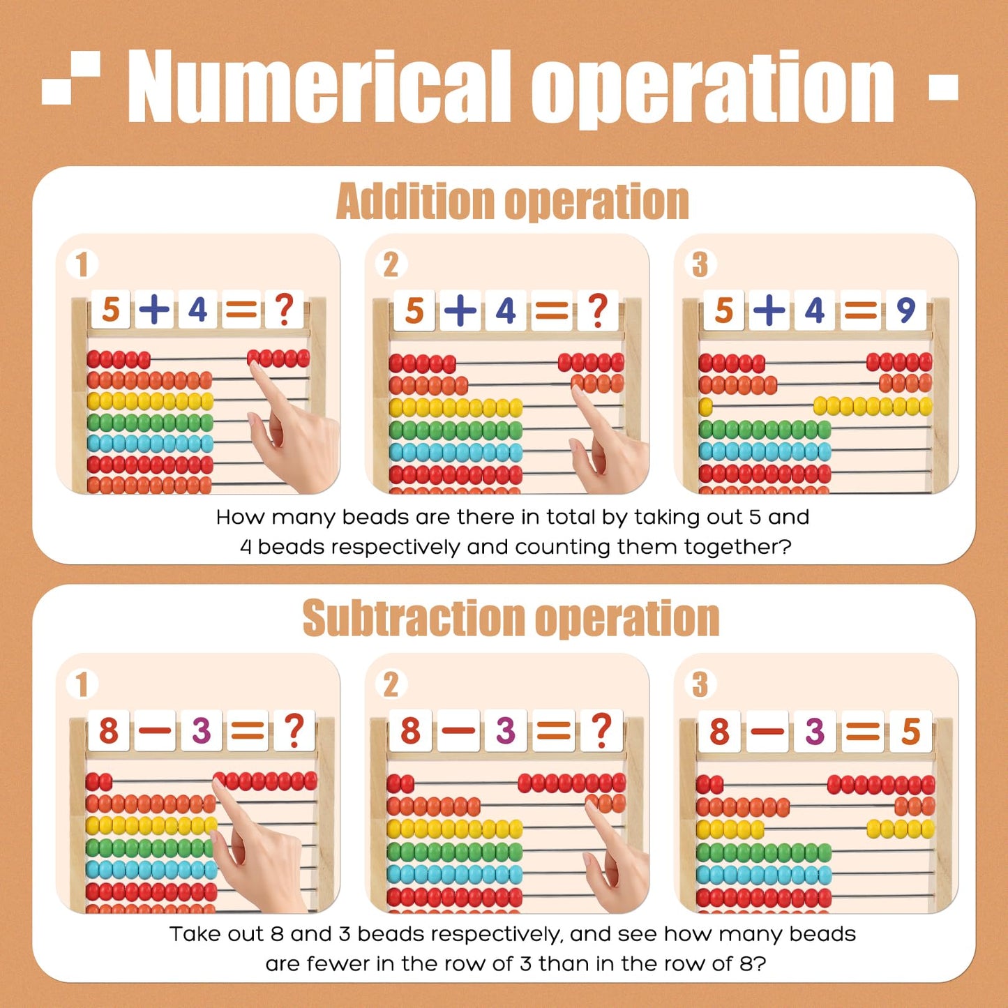 Ranqibo Wooden Abacus for Kids Math - 10-Row Counting Toy with 100 Beads, Number Cards & Counting Sticks, Educational Counters for Kids Math Gift for Age 3 4 5 6 7 Year Old Boy Girl