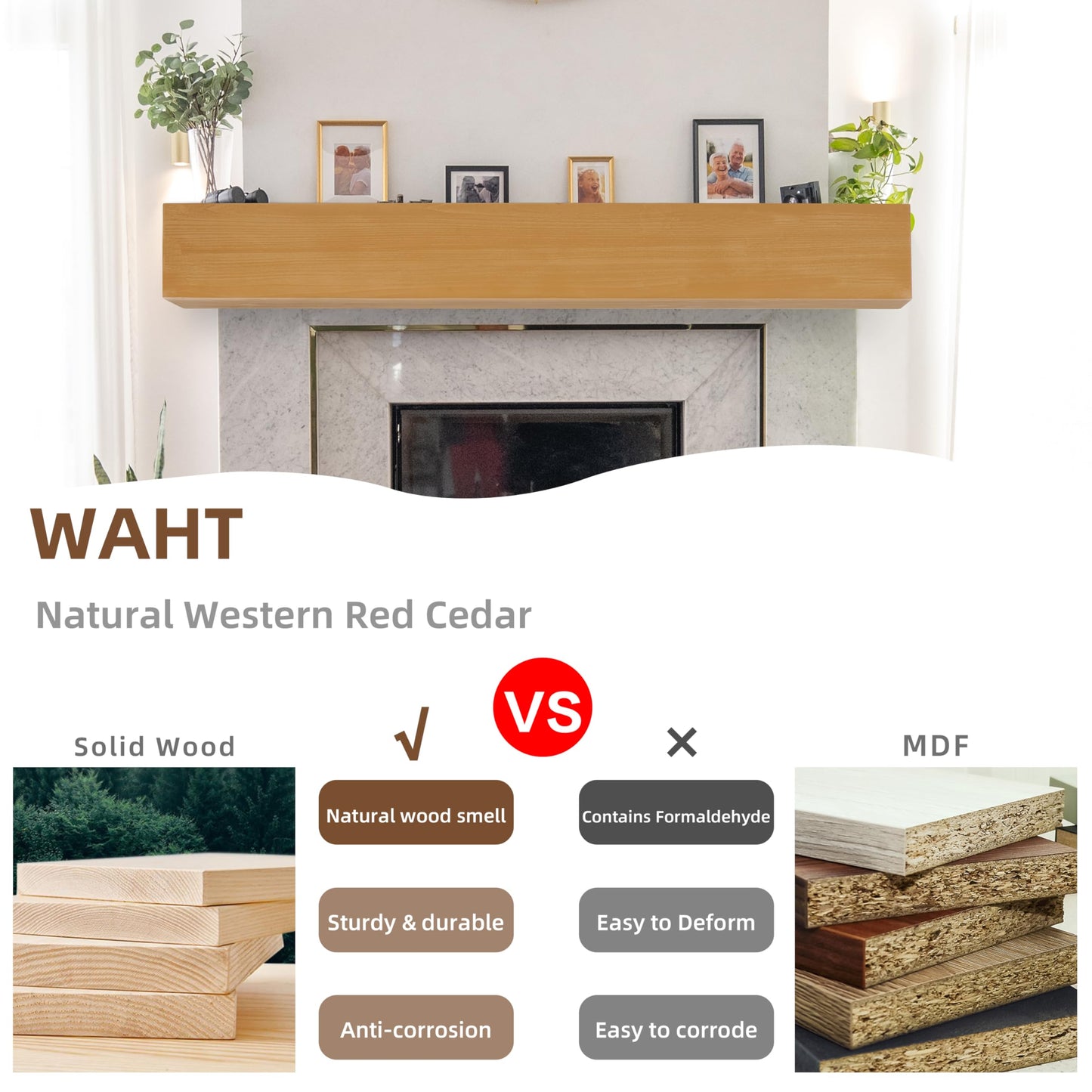 Mederlo 48"×9"×6" Rustic Wood Fireplace Mantel | Wall-Mounted & Floating Shelf for Home Decor