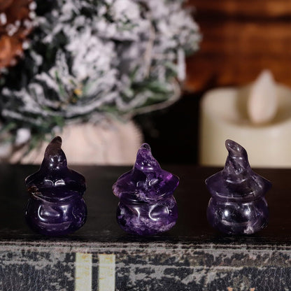 mookaitedecor Set of 2 Hand Carved Crystal Pumpkin Ghost Figurine, Mini Pocket Stone Statue Pumpkin Sculpture for Halloween Party Tabletop Decoration, Amethyst