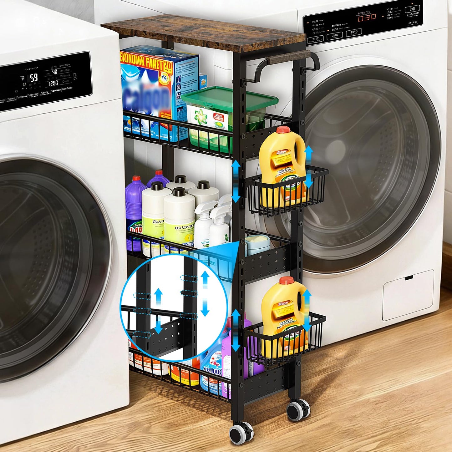 7.8 Inch Ultra-Slim 4-Tier Rolling Storage Cart with Adjustable Shelves - Lockable Wheels & Wooden Top for Narrow Spaces Between Washer/Dryer, Bathroom, Kitchen Organization (Black)