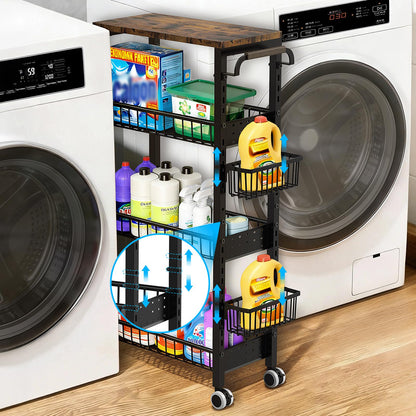 7.8 Inch Ultra-Slim 4-Tier Rolling Storage Cart with Adjustable Shelves - Lockable Wheels & Wooden Top for Narrow Spaces Between Washer/Dryer, Bathroom, Kitchen Organization (Black)