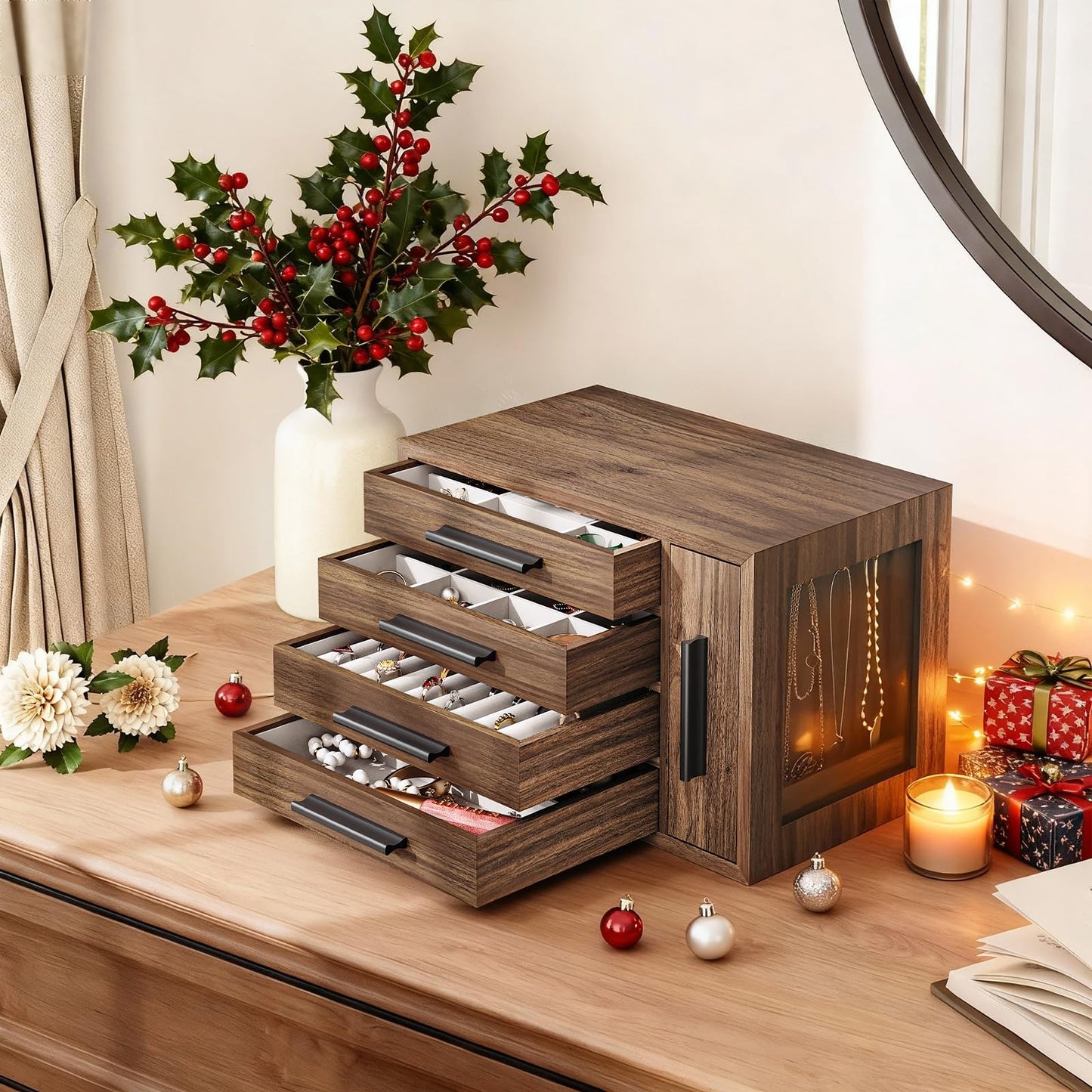 HOOBRO Jewelry Box for Women, Wooden Jewelry Organizer with Transparent Window and 360° Rotating Jewelry Box with Mirror, Jewelry Organizer with 4 Drawers Bundle, BH09JB04-BH31JB04