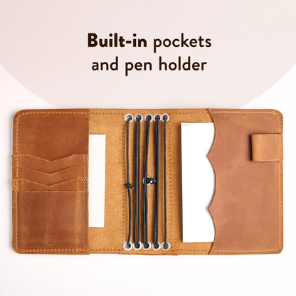 TORAKIP Leather Journal Cover A6 – Handmade Refillable Traveler’s Notebook with 5 Elastic Bands, Pen Holder & Card Pockets, Leather Notebook Case Fits A6 Inserts (Paper Not Included), Caramel Brown