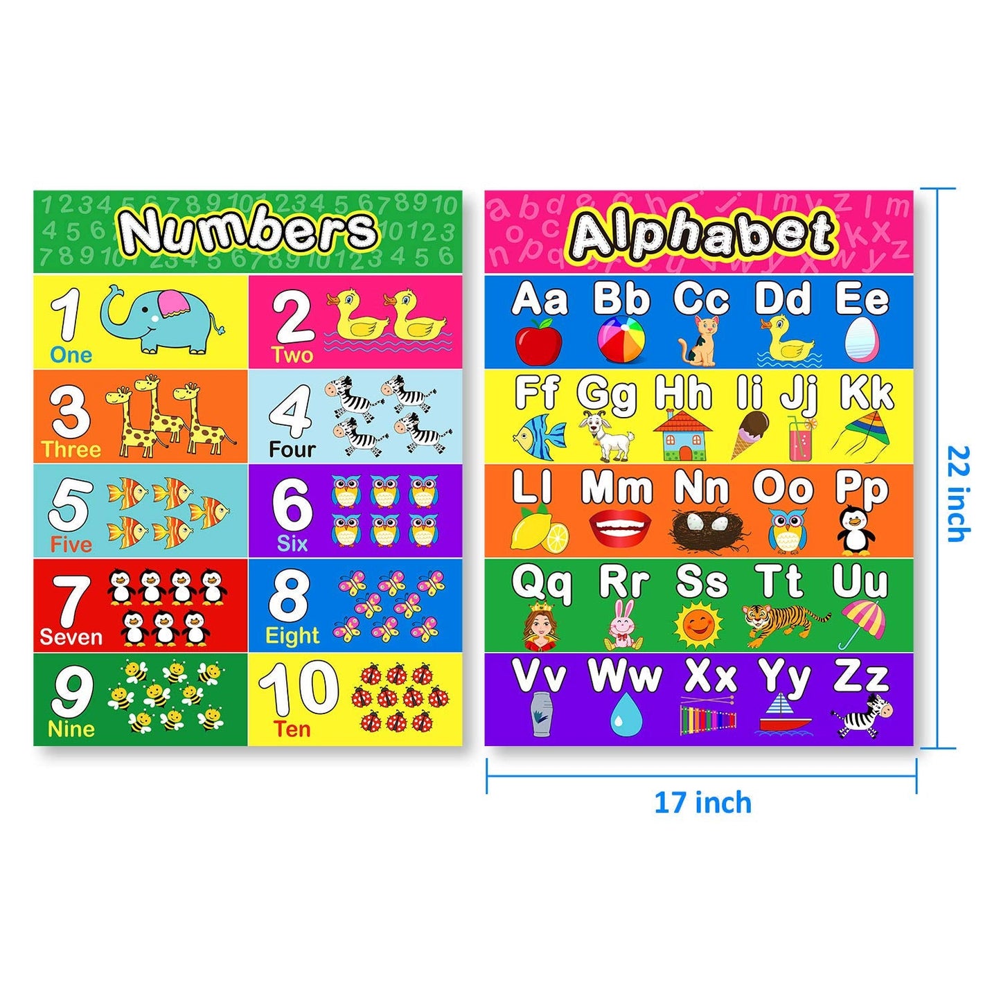 Outus Extra Large Preschool Educational Learning Posters 17 x 22 Inch Nursery Home School Pre-K Kindergarten Classroom Decoration(4 Pcs,Alphabet, Number 1-10, Shapes, Colors)