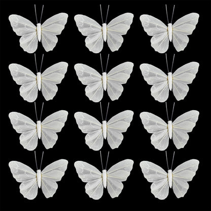 YCHTEWY- Feather Butterfly Decorations Set of 12 pcs White Craft Butterflies on Wire .Party Spring Home Decor Floral Pics…