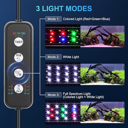 AQQA LED Aquarium Light for Plants, 24/7 Mode Full Spectrum Fish Tank Light with 3 Light Modes, Adjustable Timer/Brightness, Memory Function, Extendable Brackets for Freshwater for 18-24 Inch Tank 18W