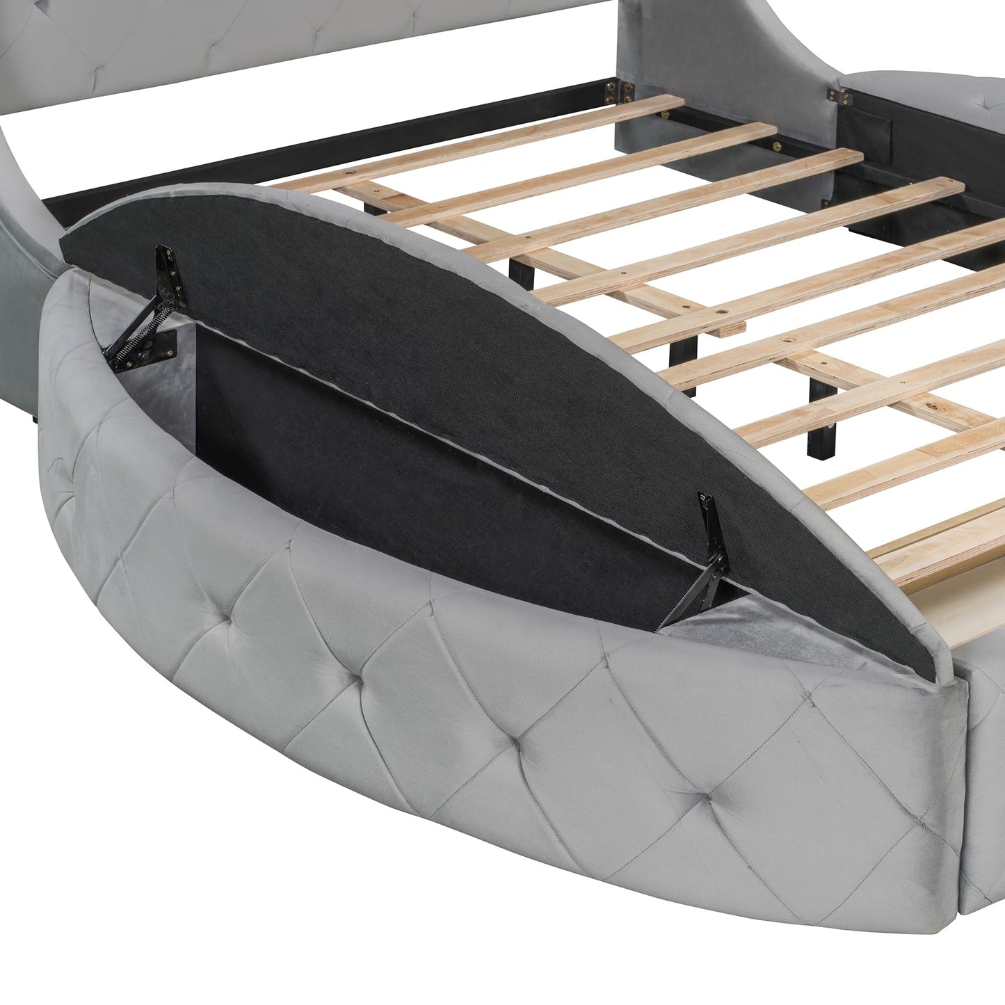 Merax Queen Size Velvet Upholstered Platform Bed with Wingback Headboard, 1 Big Drawer and 2 Side Storage Stool for Bedroom, Guest Room, Wooden Slats, No Box Spring