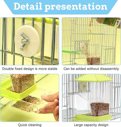 Hamiledyi No Mess Bird Feeders Water Dispenser Set Parakeet Seed Container Automatic Cage Feeder with Perch Transparent Cage Accessories for Budgies, Parakeets, Canaries, Lovebirds, Finches