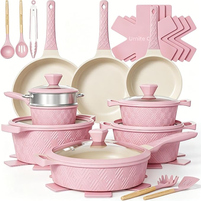 Pots and Pans Set Non Stick, 26PCS Nonstick Cookware Set, Induction Cook Ware, Includes Steamer & Silicone Utensils, Housewarming Gift, Pink Kitchen Cooking Sets w/Frying pan (PFOS, PFOA Free)