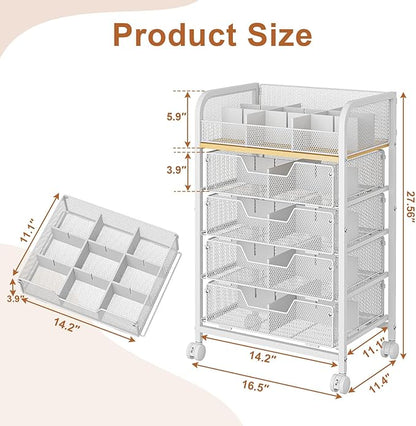 5-Tier Craft Organizer Cart with 5 Sets of DIY Dividers,Craft Organizers and Storage with Drawers,Lockable Wheels Rolling Utility Cart on Wheels,Art Supply Organizer,Ideal for Studio,Office,White