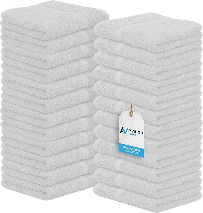 Avalon Towels Cotton Washcloths 24-Pack – 12 x 12 Inch Silver Super Soft &