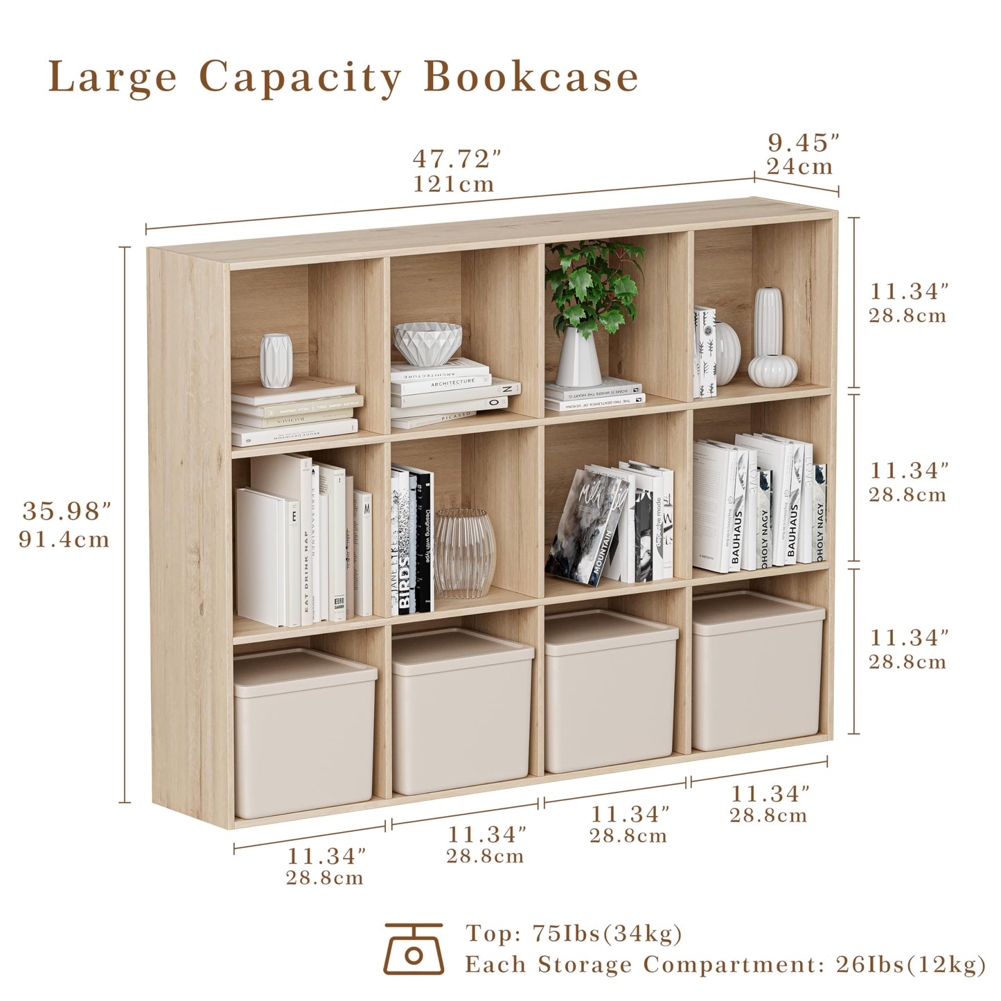 VDNEND Wooden Cube Storage Organizer with Closed Back Panel, 11in Cube Shelf Opening, Bookshelf, Display Shelf,Closet Cabinet for Home and Office (White Oak, 12-Cube 35.98L*9.45W*47.72H)