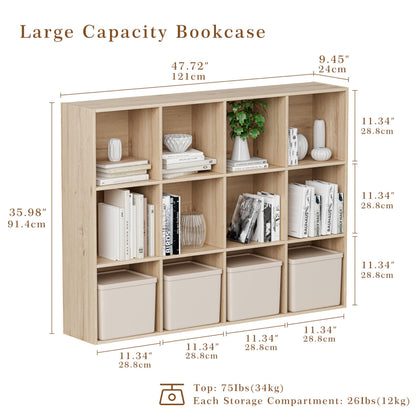 VDNEND Wooden Cube Storage Organizer with Closed Back Panel, 11in Cube Shelf Opening, Bookshelf, Display Shelf,Closet Cabinet for Home and Office (White Oak, 12-Cube 35.98L*9.45W*47.72H)