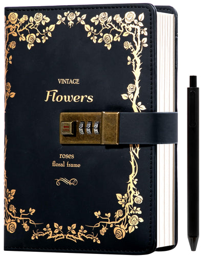 CAGIE Journal with Lock for Women Girls Refillable Lock Diary with Pen, Vintage Hot Foil Embossed Design Locking Journal for Gifts, Travel, 5.5 x 8 in, Black