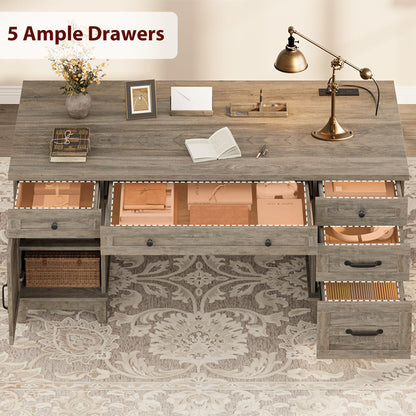 GarveeHome Farmhouse Executive Desk with File Drawers, 60 in Home Office Desk with Charging Station, Wooden Computer Desk with Cabinet Storage for Work Study Writing, Rustic Gray
