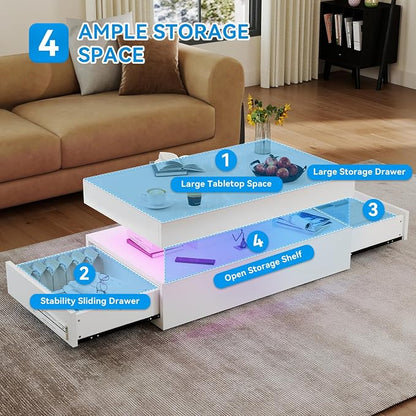 39” High-Glossy LED Coffee Table with 2 Sliding Drawers, Living Room Storage Coffee Tables, Modern Stylish Double-Layer Center Tables with LED Lights, White