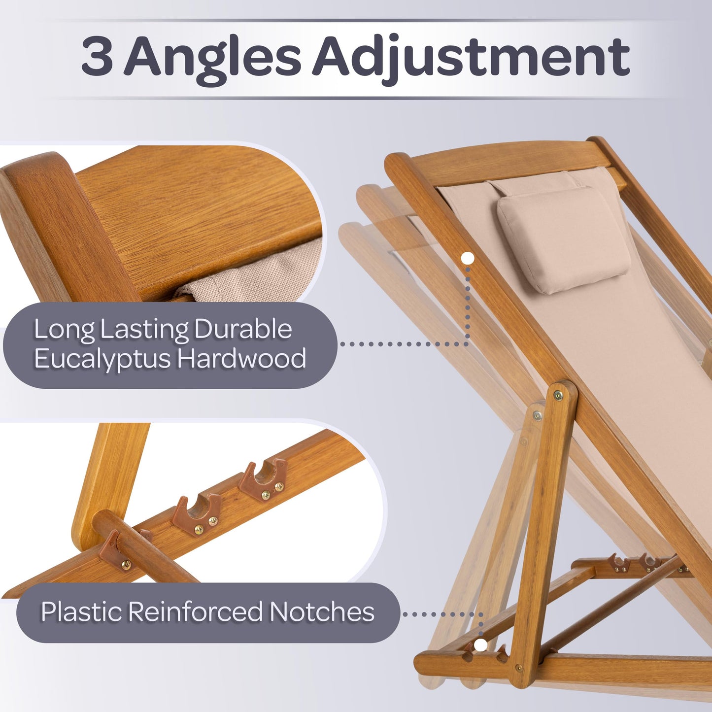 Beach Lounge Chair - Adjustable Height Reclining Sling Chair - Portable Wood Folding Chairs - Folding Lounge Chairs for Outside, Patio, Balcony, or Camping - Outdoor Furniture by Lavish Home (Beige)