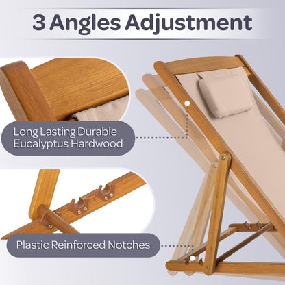 Beach Lounge Chair - Adjustable Height Reclining Sling Chair - Portable Wood Folding Chairs - Folding Lounge Chairs for Outside, Patio, Balcony, or Camping - Outdoor Furniture by Lavish Home (Beige)