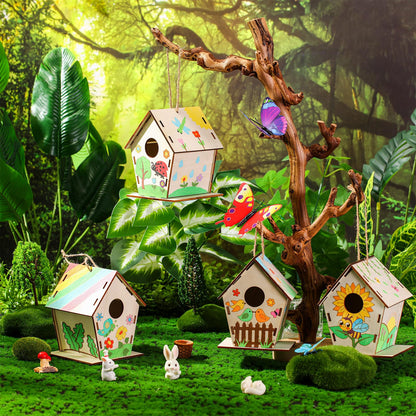 DoubleFill 24 Pack Wooden Bird House Bulk for Kids Birdhouse Kit Wood Houses for DIY Unfinished Hanging Birdhouse Kits, Wooden Craft Houses to Paint Family Camping Summer Crafts