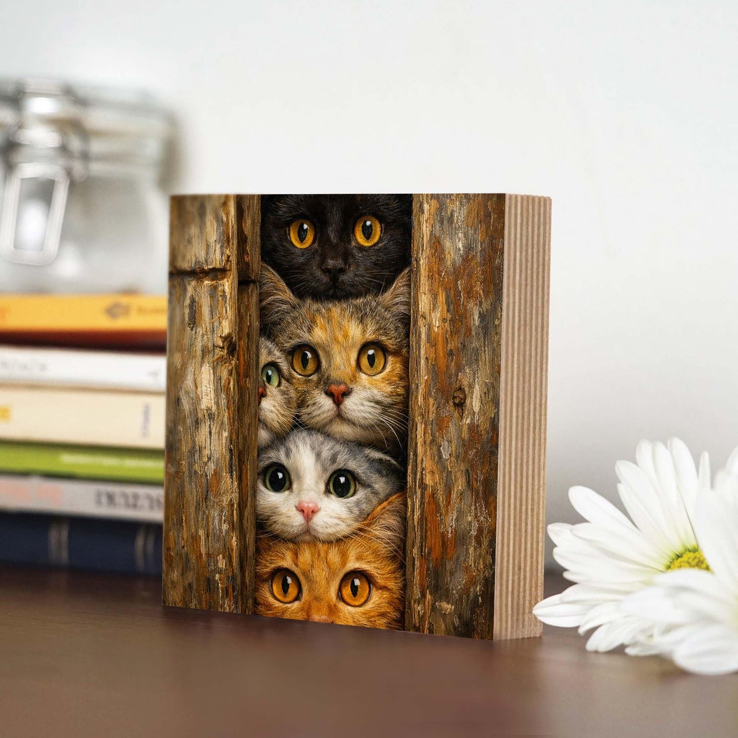 Curious Cats Wooden Block Sign, Cute Cat Art Wood Decor, Playful Animal Shelf Sitter Home Table Mantel Tiered Tray Accent, Unique Gift for Cat Lovers