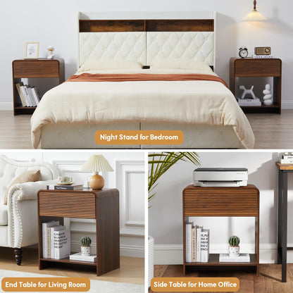 XUZENEST Fluted Nightstand with Charging Station, Mid Century Modern Bed Side Table End Table with Drawer Storage, Large Wooden Night Stands Bedside for Bedroom Living Room Sofa Office, Walnut