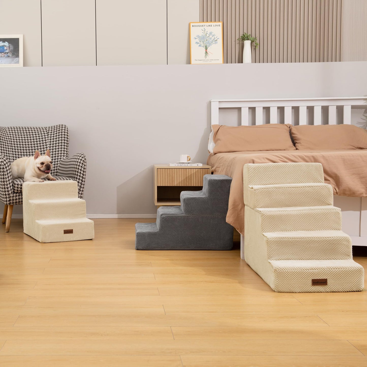 Dog Stairs for Small Dogs & Cats, 3-Step Non-Slip Pet Steps for Couch Sofa and Chair, Grey, 13.6" H