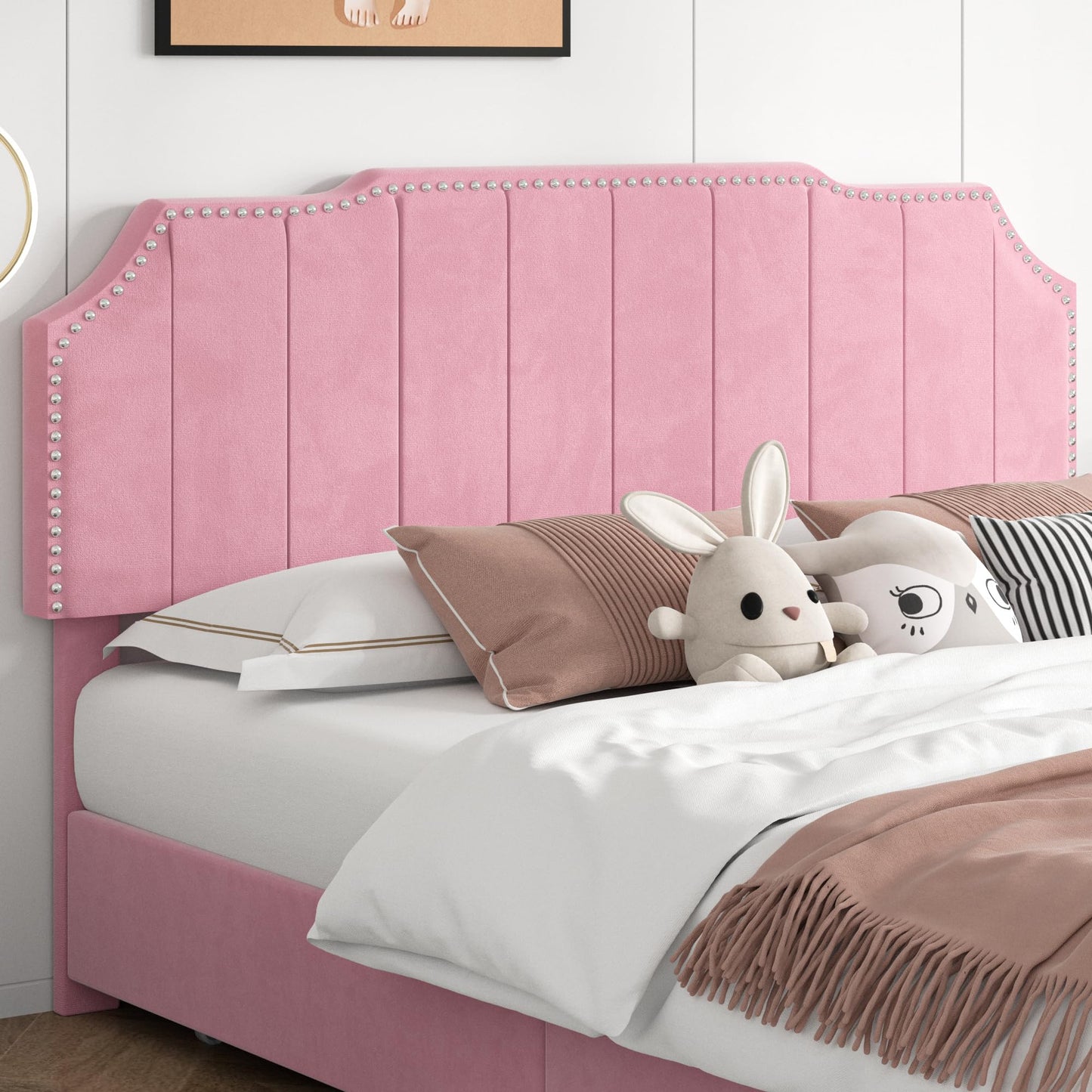 VECELO Full Velvet Upholstered Platform Bed Frame with 4 Rollers Storage Drawers,Full Size Bed with Tufted Height Adjustable Headboard,Wooden Slats/No Box Spring Needed/Easy Assembly