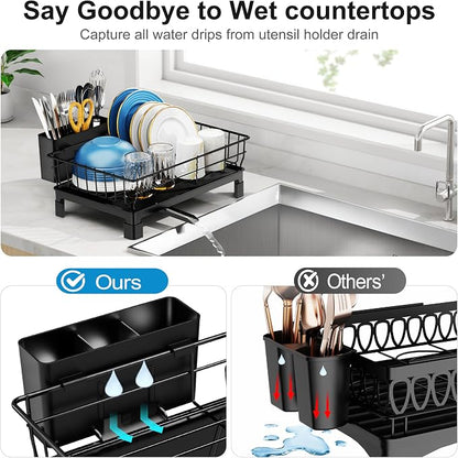GSlife Small Dish Drying Rack for Kitchen Counter with Drainboard - Compact Dish Drainer for RV, Camper and Apartment, Rust-Resistant Wire Rack with Utensil Holder, 15"L x 10"W, Black