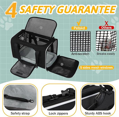 Petskd Pet Carrier 18x13x9.5 Southwest Airline Approved, Pet Travel Carrier Bag for Small Cats and Dogs, Soft Dog Carrier for 1-15 LBS Pets,Dog Cat Carrier with Safety Lock Zipper (Black)