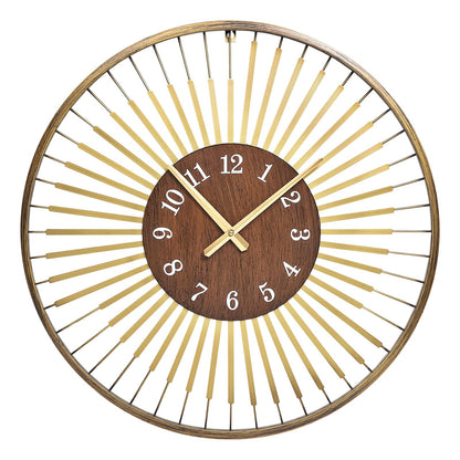XGGJWW 24 Inch Mid-Century Modern Wall Clock, Round Frame Metal Design with Walnut Wood Center, Silent Quartz Movement, Gold-Tone Accents – Decorative Wall Clock for Living Room, Bedroom, and Office
