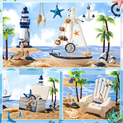Yousoontic 14 Pack Mini Wood Nautical Home Decor Mediterranean Style Lighthouse, Beach Chair, Sailboat, Wood Box, Anchor, Life Ring, Starfish, Fish Pendant, Swimming Ring, Long Conch, Helmsman, Birds
