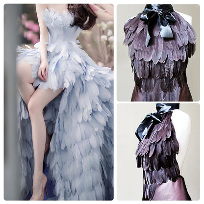 MAOFENG 2 Yards Natural Goose Feathers Trim Sewing Fringe Fashion Dress Sewing 6-8inch for DIY Handicrafts Costumes Decoration,Golden
