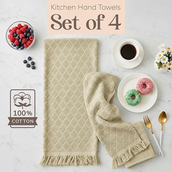 MosJos Kitchen Towels, Sage Taupe Diamond Pattern Drying Towels 18 x 28 Super