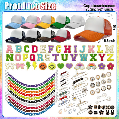 10 Pack Blank Trucker Hats DIY Kit Sublimation Youth Mesh Baseball Caps Adjustable with Bulk Colorful Trucket Hat Charms Chain Letter Embroidered Patches Pearl Pin Brooch Accessories for Women Men Par