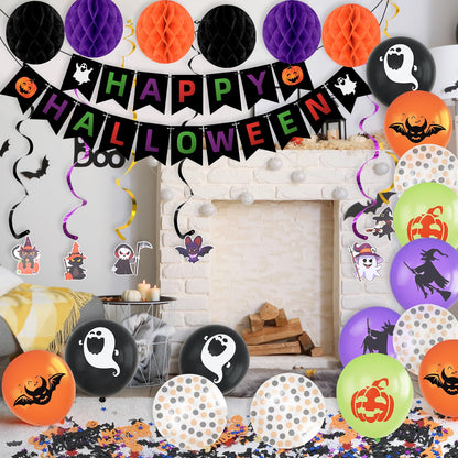 Happy Halloween Decorations Banner Supplies, Boo Classroom Hanging Cute Decoration Kit Dots Hanging Garland Honeycomb Ball Swirl Streamers for Halloween Party Decor Indoor Adult