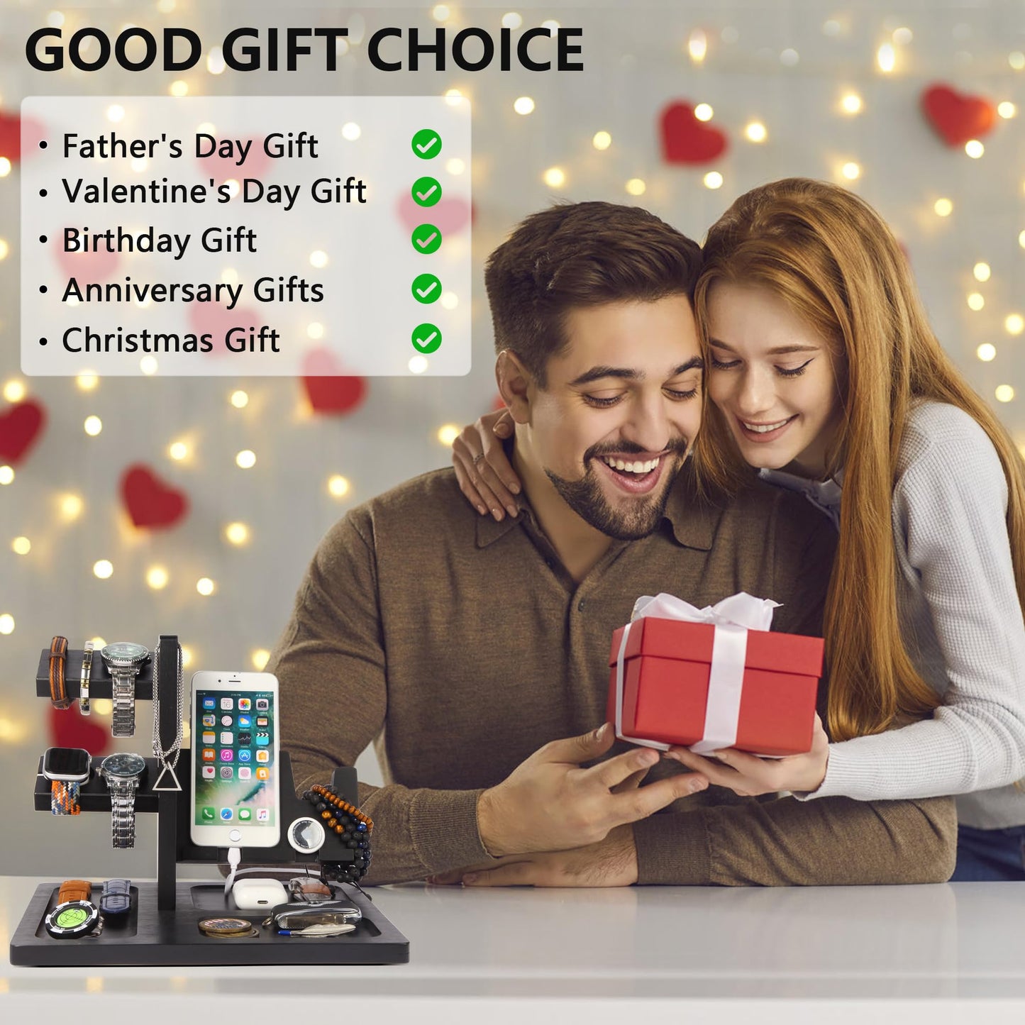 Pistol Rack for Gun Safe, Wooden Handgun Rack Holder for Gun, Wood Phone Docking Station with Magnetic Groove as Nightstand Organizer as Gifts for Men Boyfriend Husband Father in Birthday Christmas