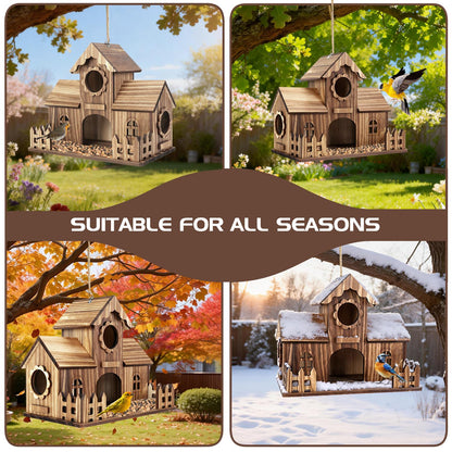 BlueYu Bird Houses for Outside with Fence Platform, 4-Hole Wooden Bird House, One-Piece Spacious Design, Hanging Birdhouse with Dual Hooks, Fits Bluebirds Sparrows Cardinals for Garden Backyard