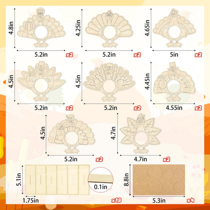 Moon Boat 16Pcs Thanksgiving Crafts Wooden Turkey Picture Frame DIY Painting Arts Kit Fall Party Favors Classroom Activities Table Decorations