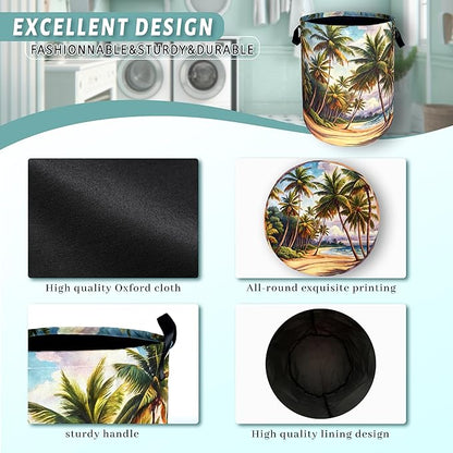 Retro Hawaii Palm Tree Laundry Basket Summer Beach Foldable Funny Laundry