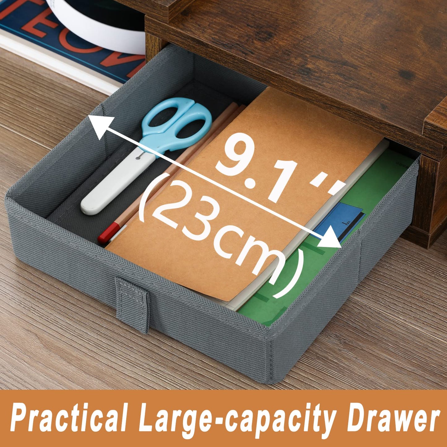 TEAMIX 3 Shelf Monitor Stand Riser With Drawer - Length and Angle Adjustable Dual Riser With Storage Corner Desk Shelf Organizer Large Computer Stand for 2 Monitors/Laptop (Brown, 1 Drawer)
