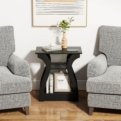 FROMJBEST End Table with Charging Station, Side Table with USB Ports and Outlets, Nightstand, 3 Tier End Table with Storage Shelf for Living Room, Bedroom (Black)