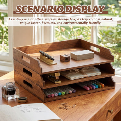 AceOrbit 3 Pcs Stackable Paper Tray Acacia Wood Desk Organizer Letter Tray 3 Tier Wooden File Organizer Desk Shelf for Documents, Letter Sorter, Envelopes and Magazine Holder