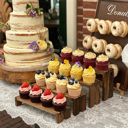 2 Set Wood Risers Tiered Display Stands Wooden Cupcake Stand Small Perfume Organizer Stackable Food Display Risers for Party Dessert Table Cologne Organizer Wood Risers for Decor Vendor, Brown
