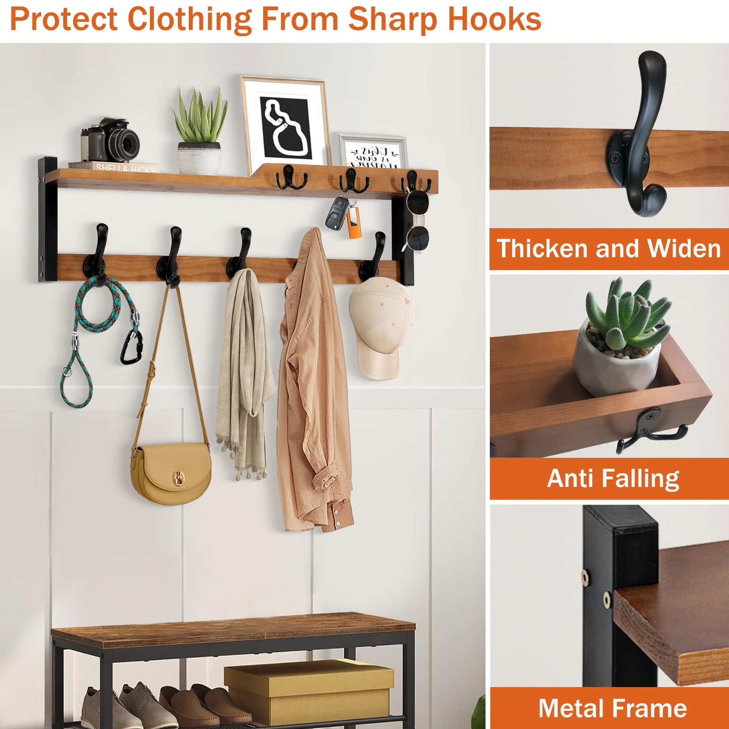 dreampossible 4 in 1 Coat Rack Wall Mount with Shelf, Coat Hooks 25.2" Entryway Coat Hanger with Key Hooks and Mail Holder, Wall Hooks with Shelf, Hat Rack for Wall Key Holder Mail Organizer