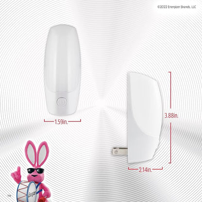 Energizer Manual On/Off LED Night Light Plug-in, Push Button, Compact, Contemporary, for Bedroom, Livingroom, Hallway, Bathroom, Nursery, Basement, White, 84135, 2 Pack