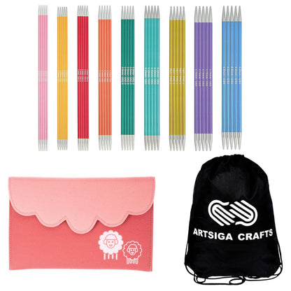 KnitPro Zing Deluxe Set 6 inch DPN Double Pointed Knitting Needles Size 0, 1, 1.5, 2, 2.5, 3, 4, 5, 6 with Fabric Case with Project Bag