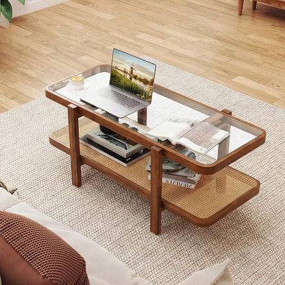 Giantex Rattan Coffee Table, 47.5" Rectangle Solid Wood Tea Table w/Tempered Glass Tabletop, Rattan Storage Shelf, 2-Tier Boho Coffee Tables, Farmhouse Center Table for Living Room (Brown)