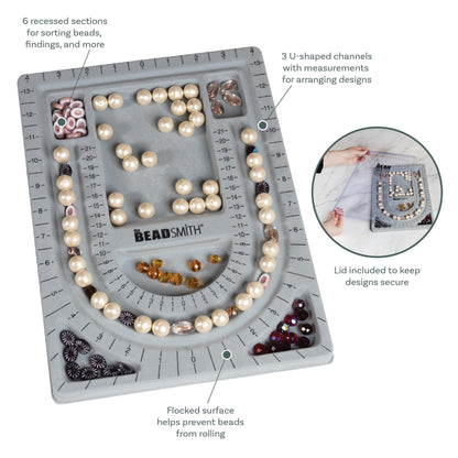 The Beadsmith Bead Board with Cover, Grey Flocked, 3 U-Shaped Channels, 6 Recessed Compartments,13.25H x 9.75L inches, Design Boards for Creating Bracelets, Necklaces and Other Jewelry